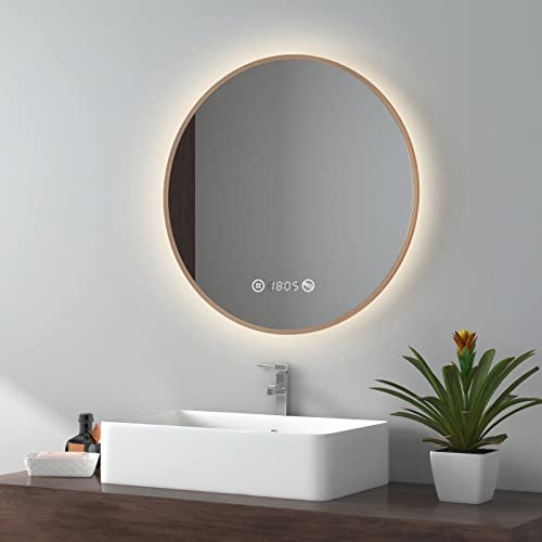 EMKE LED Badspiegel Rund Spiegel mit Beleuchtung ф60cm Gebürstetem Goldrahmen LED Badezimmerspiegel mit Touch, Antibeschlage, Uhr, Temperatur, Dimmbar, Memory-Funktion Neutral licht Wandspiegel