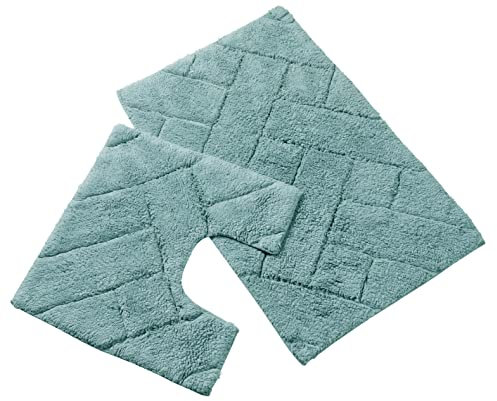 Olivia Rocco Bali 2 Piece Bath Mat Set Super Soft 100% Cotton Easy Care Plush Bath Rug + Toilet Mats Water Absorbent Pedestal Bathmat For Bathroom Toilet Shower, Duck egg