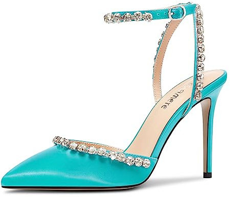 Castamere Femmes Aiguille Haut High Talon Heel Pointu Bout Lanières Cheville Diamant Cristal Escarpins Danse Satin 10 CM Heels Bleu Cyan 45 EU