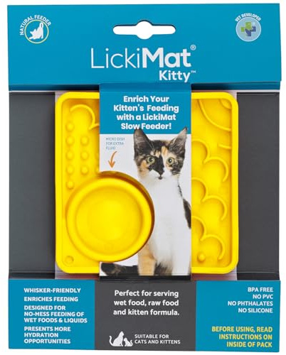 LickiMat Kitty Cat Food Mat - Cat Slow Feeder with Micro Dish for Added Hydration - Perfect for Food, Treats, Yoghurt & Anxiety Relief for Cats - Fun Alternative to a Slow Feeder Cat Bowl - Yellow