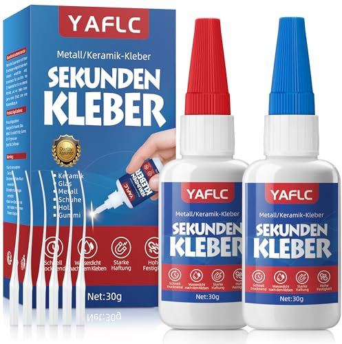 60g Sekundenkleber Extra Stark, Porzellankleber Keramikkleber, Superkleber zum Verkleben Alleskleber für Kunststoff, Metall, Holz, Schuh, Strass, Glas