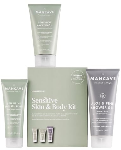 ManCave Sensitive Skin & Body Gift Set, Face Wash, Moisturiser, Shower Gel, Dermatologically Tested, Natural Formulations, Ideal for Travel, Vegan, Made in England, Packaging May Vary