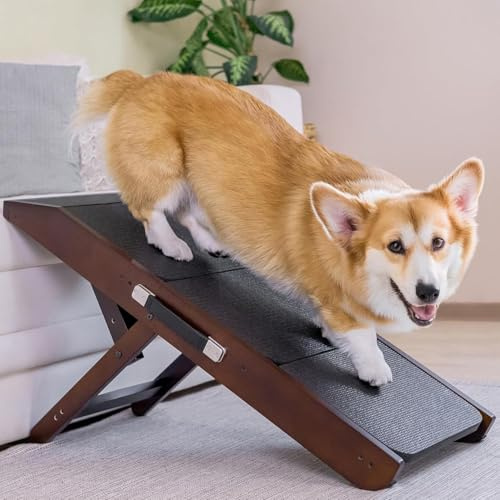 Hundtrappa 2 i 1 för säng och soffa – justerbar höjd 18–50 cm – husdjurstrappa för små hundar – med bräddavlopp, valnöt