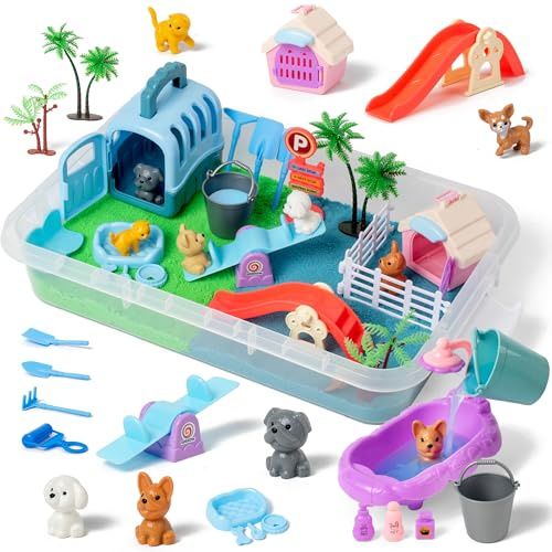 sikmcle 36-teiliges,Sensorkasten-Set mit magischem Zaubersand (2 Farben), Spielsand für drinnen inkl. Sandkasten mit Deckel – Ideales Ostergeschenk für Kinder 3-7 Jahre
