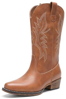 DREAM PAIRS Cowboy Boots Bottes en jean pour femme à bout carré avec talon, Bronzé, 38 EU