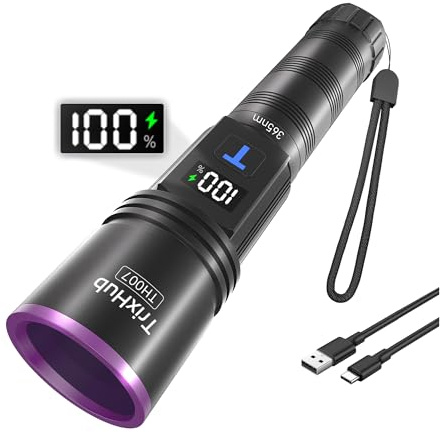 TrixHub 365nm Black Light Flashlight, UV Flashlight Rechargeable with LCD Display, Powerful Ultraviolet Lights for Pet Urine Detection, Resin Curing, Rockhounding, Scorpion, Uranium Glass, A/CLeak