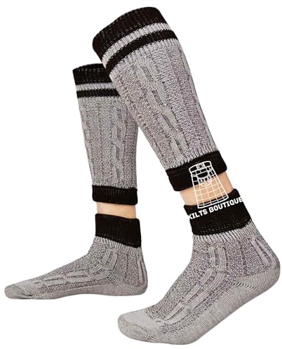 Kilts Boutique Traditional Bavarian Leg Warmers and Socks Set, Grey and Black Striped, Rustic Knit Pattern (UK, Alpha, M, Regular, Regular)