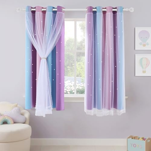 PONY DANCE Kids Blackout Curtains with Star Cut-Outs, Eyelet Double Layer Thermal Rainbow Drapes with Sheer Net, 2 Panels, 132x137cm (52x54 inch), Purple Blue Pink Ombre