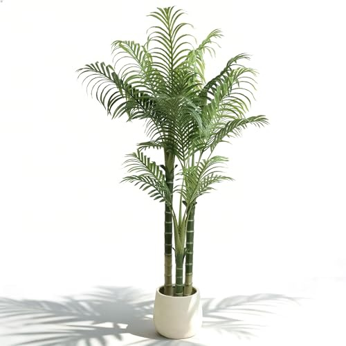 Artificial Palm Tree with White Planter, Large Fake Plants Golden Cane Palm Tree Plastic Tall Areca Palm in Pot for Indoor Outdoor Home Office Living Room Bedroom Decor (6ft)