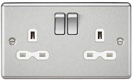 13A 2G DP Switched Socket with White Insert - Rounded Edge Brushed Chrome