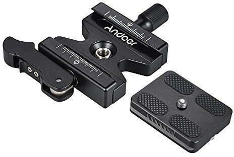 Andoer CL-50LS Tensor Rápido y Zapata Rápida con Palanca Ajustable Botón Tipo de 1/4y 3/8 Tornillo Agujeros Compatible para Estándar Zapata Rápida Rótula de Trípode