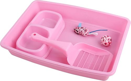 PAWISE Set di 4 accessori per gatti, composto da lettiera, paletta per lettiera, ciotola e giocattolo per gattini, 36,8 x 26,7 cm, rosa