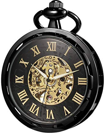 TREEWETO Montre Gousset analogique pour Homme avec chaîne - Mouvement Mécanique - Visage Ouvert - Montre de Poche, Noir
