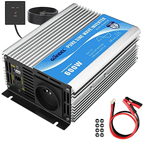 GIANDEL 600W Convertisseur Pur Sinus DC 12v à AC 220V 230V Onduleur Transformateur avec Télécommande et Port USB pour Ordinateur Portable, Appareil Photo, Smartphone