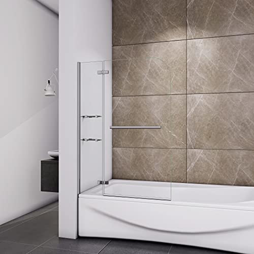 Acezanble Pare-baignoire 100x140cm avec les étagères, porte-serviette，5mm verre trempé transparent，pare de douche pivotant