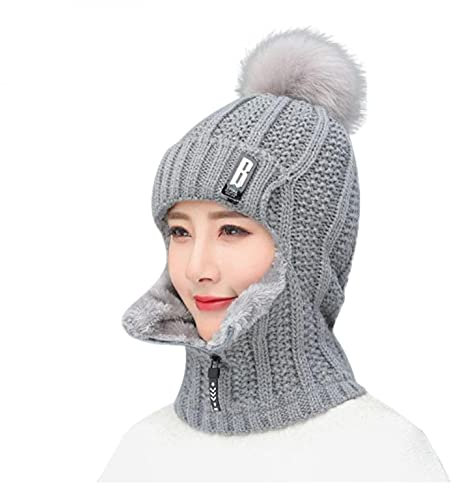 MANGGUO Strickmütze Hat Herren Damen Winter Mütze Bommelmütze Wintermütze warm gefüttert Ohrenschützer Hinzufügen Beflockung Thermal Radfahren mit Bommel-Mütze (Grau)
