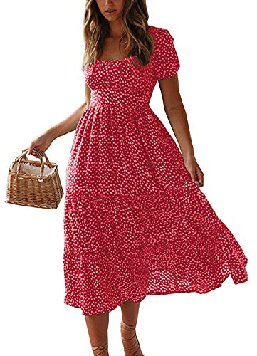 Colisha Womens Short Puff Sleeve Square Neck Floral Midi Dresses Flared Flowy Chiffon Maxi Dress Summer Beach Holiday Sundress L Red