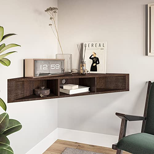 BELLEZE Modern Floating Wall Mounted Corner Shelf, 47 TV Console with Three Shelves and A Cable Cutout, Space Saving Decorative Media Corner Storage - Russel (Espresso)