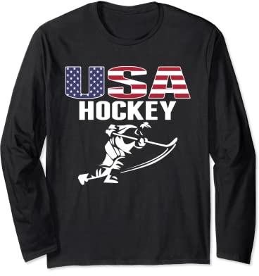 America Ice Hockey Fans Jersey USA Flag Support Hockey Team Long Sleeve T-Shirt