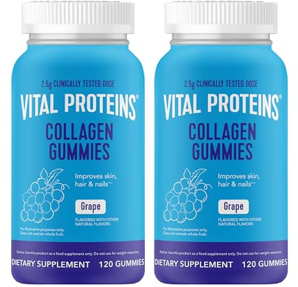 Vital Proteins Collagen Gummies, 2.5g of Clinically-Tested Collagen for Hair, Skin, Nails & Wrinkles, 120 ct Bottle, Pack of 2, Grape Flavor