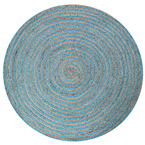 CASAVANI Circle Area Rug – 2,7 m, rund, blau, natürliche Chindi-Baumwolle, Jute-Matte, geometrischer Kelim-Teppich, für drinnen und draußen, Matte für Schlafzimmer, Nachttisch, runder Esstisch, Flur
