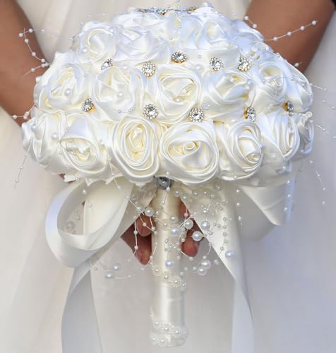 Mhojpik Bridal Wedding Bouquet Round Bling Brooch Bouquet Throw Toss Artificial Rose Flower Bunch for Bride Bridesmaid Wedding Quinceanera(Ivory, 7.5)