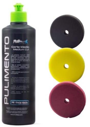 AutoFullCar - Kit Pulido Coche - Pulimento Corte Medio FullCarX 500ml + 3 Boinas diferentes Acabados - Para Pulidora 150 mm. - Carrocería - Faros (Pulimento + 3 Boinas Distinto Corte)