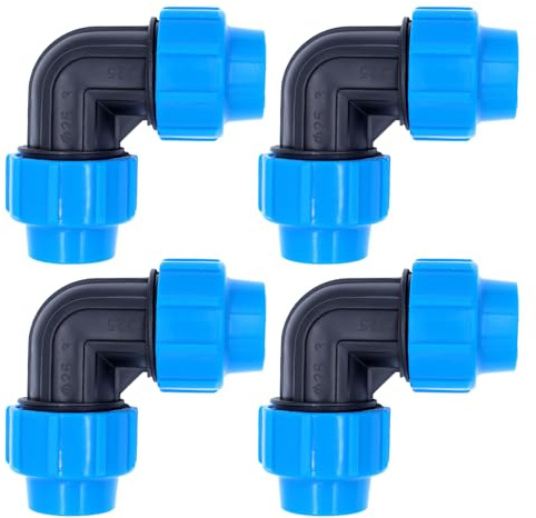 AIMEKE® Lot de 4 tuyaux en polyéthylène - 25 mm - Raccord en polypropylène - Raccord coudé à 90° - Raccord de serrage en plastique PP - Pour tuyaux PE80 PE100 - Installation intérieure et extérieure