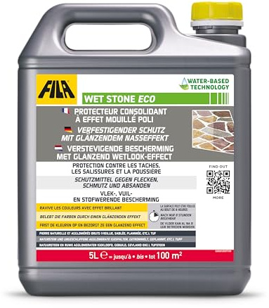 FILA Surface Care Solutions, WET STONE ECO, Protecteur Pierre Naturelle Tonaliseur Effet Mouillé, Hydrofuge pour Pierre, Anti-tache et Anti-salissure, Adapté pour Sols Extérieurs et Intérieurs, 5L