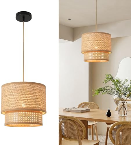 FORCOSO Rattan Pendelleuchte Esstisch - Vintage Boho Hängelampe Ø29cm Rattan Lampenschirm E27 Deckenleuchte Pendel für Wohnzimmer Schlafzimmer Esszimmer Flur Küche - Braun