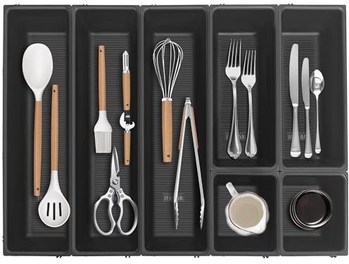JEHONN Cutlery Drawer Organiser, Utensil Tray for Kitchen Flatware, Adjustable Large Silverware Holder, Compact Plastic Storage Divider with 7 Compartment for Spoons Forks Knives (Black)