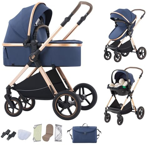 BEBBY Passeggino trio,Passeggino 3 in 1, Passeggino Canna Portatile Pieghevole in Un Clic,Passeggini Combinato Paesaggio Alto Telaio in Alluminio Per Neonato Passeggini (D2-BLUE-6, H2-D)