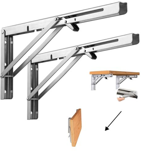 Console pieghevole da 250 mm, in acciaio inox, 2 angoli pieghevoli, portata fino a 50 kg, supporto pieghevole per console per carichi pesanti per fai da te