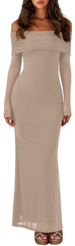 REORIA Women Off Shoulder Long Sleeve Dress Elegant Sexy Stretch Mesh Double Lined Slim Trendy Long Dresses(Khaki Large)