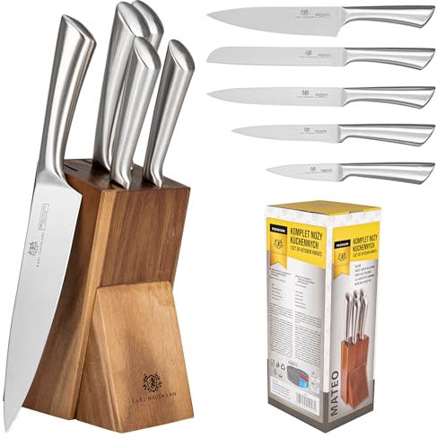 KARL HAUSMANN Bloc de Couteaux en Bois d'Acacia - 5 Pièces Ensemble de Couteaux de Cuisine - Couteau Tranchants en Acier Inoxydable - Set de Couteau Cuisine Professionnel - Idéal pour Chef Cuisinier