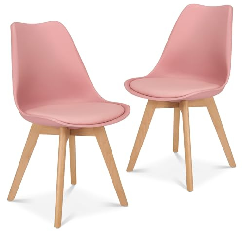 Bravich Rocco Dining Chairs Set of 2 with Cushion Pad Seat, Dusty Pink Plastic Kitchen Chairs with Wooden Legs, Modern Accent Chairs for Dining Room, Bedroom and Dressing Table
