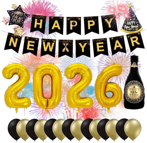 Set di decorazioni XXL per Capodanno 2026 – Happy New Year – Decorazione per Capodanno – con palloncini, stelle filanti, palloncini in lattice, coriandoli ecc. come decorazione per Capodanno (set