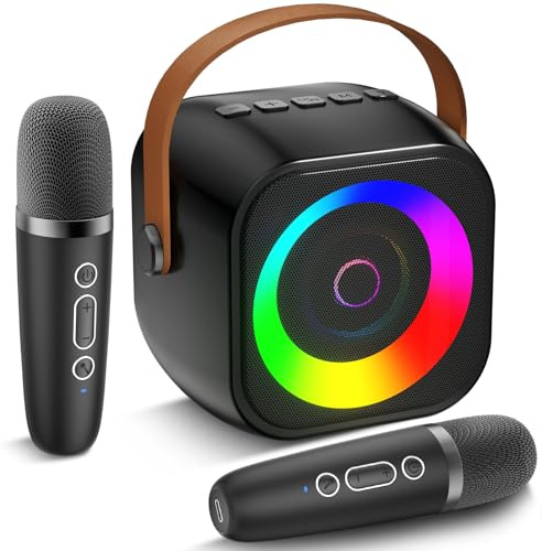 Mini Karaoke Machine, Portable Bluetooth Speaker with 2 Wireless Microphones for Kids & Adults, Karaoke Microphone with LED Lights, Gifts for Girls & Boys