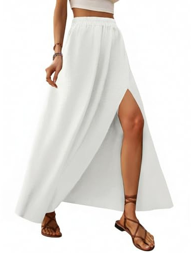 Zeagoo Gonne Lunga Donna Estiva Elegante Gonna Elasticizzata a Vita Alta Gonna A Trapezio Gonne da Spiaggia Skirt con Spacco Bianco M