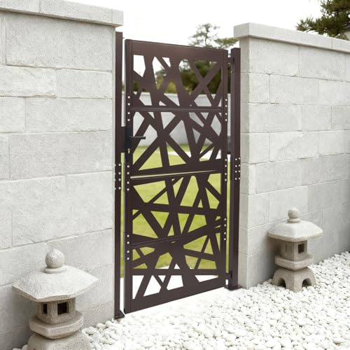 Apriltop Portail de Jardin en Acier, 105x200cm, Portail Entrée en Métal, Plage D'ouverture et de Fermeture 180°, Clôture de Jardin, pour Entrepôts, Cours Intérieures, Terrasses (Marron)