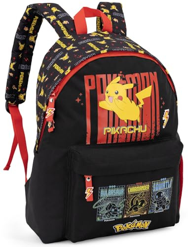 Clondo Amerikansk barnryggsäck 41 x 31 x 18 cm med vadderade axelremmar, avdelare inuti, framficka och vattenflaskhållare – för skola, fritid, resor, pokemon retro