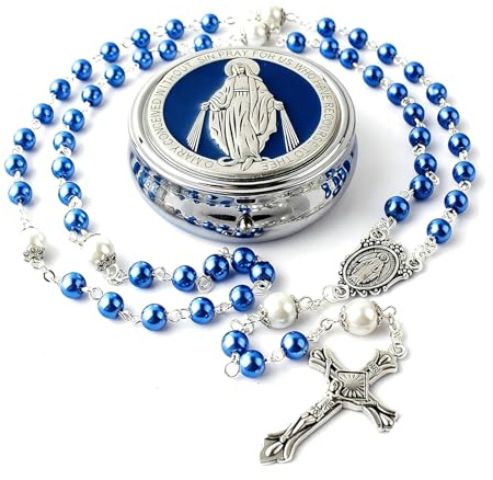 RUQVKWLA Religious christening gifts For Boys, Blue Faux Pearl rosary beads In Miraculous Metal Keepsake Box, Catholic baptism gifts, Elegant Holy christening gift And Daily Prayer Necklace