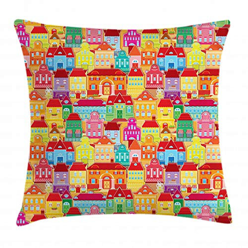 ABAKUHAUS Cityscape Cartoons Throw Pillow Cushion Cover, European Architecture Art Houses with Pillars Fountains Urban View, Decorative Square Accent Pillow Case, 16 X 16 Inches, Multicolor