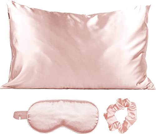 Kitsch Satin Sleep Set | Softer Than Silk Pillowcase and Eyemask Set - Includes 1 Satin Pillowcase | 1 Satin Eye Mask | and 1 Satin Volume Scrunchie | Pillowcase for Hair (Blush)