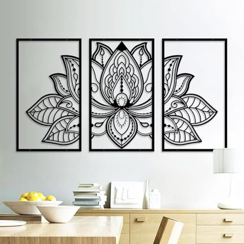 Resama 3 Pcs Lotusblume Wandkunst Dekor Metall Mandala Wanddekoration Einzigartige Lotusblume Wandkunst für Wohnzimmer, Schlafzimmer, Büro und Yoga Raum hängende Dekoration (schwarz)