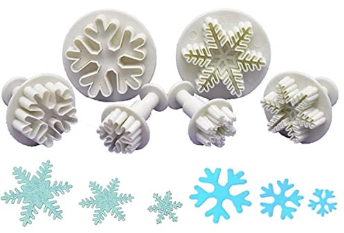 6 Stück Fondant Ausstecher Set, Fondant Ausstecher Schneeflocken Ausstechformen Auswerfer Stempel Tortendeko Set für Kuchen Torte Kekse Schokolade Gelee