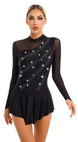 YiZYiF Womens Long Sleeve Gymnastic Ballet Dance Costume Shiny Rhinestone Figure Ice Skating Dress 10Black S