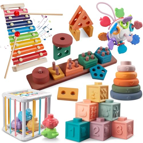 Tacopet 6 en 1 Jeux Montessori Bébé, Jeu Bebe 1 an Sensoriels, Jouet Cube d'Activité Bébé Instruments de Musique en Bois, Cadeau de Noël et d'anniversaire pour Enfants 1 2 3 an Garçons et Filles