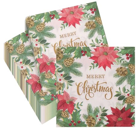 WedDecor Poinsettia 33cm 2 Ply Festive Christmas Paper Napkins 100 Pack | Completes Place Settings for Banquets Buffets Receptions Family Meals Seasonal Gatherings and Everyday Entertaining
