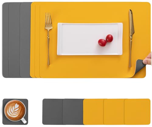 Myir JUN Leather Table Mats and Coasters, Dual-Sided Leather Placemats and Coasters Waterproof Placemats Set of 6 Place Mats Non-Slip Washable Table Mats (Grey Yellow, Set of 6)